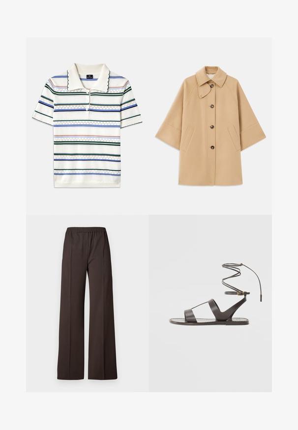 Beige kabát z vlněné směsi s klasickým límcem, zapínáním na knoflíky vpředu a bočními kapsami; má raglánové rukávy a čistý, strukturovaný design.; Bílá polo košile s krátkým rukávem, která má barevné horizontální pruhy, vroubkovaný límec a tři knoflíky na krku. Texturovaný bavlněný materiál.; Široké kalhoty z tmavě hnědé tkaniny s elastickým pasem, charakterizované hladkým povrchem a čistými liniemi pro dobře padnoucí vzhled.; Hnědé kožené sandály s plochou podrážkou, minimalistickým designem, zakřiveným páskem kolem kotníku a několika prořezy pro prodyšnost.