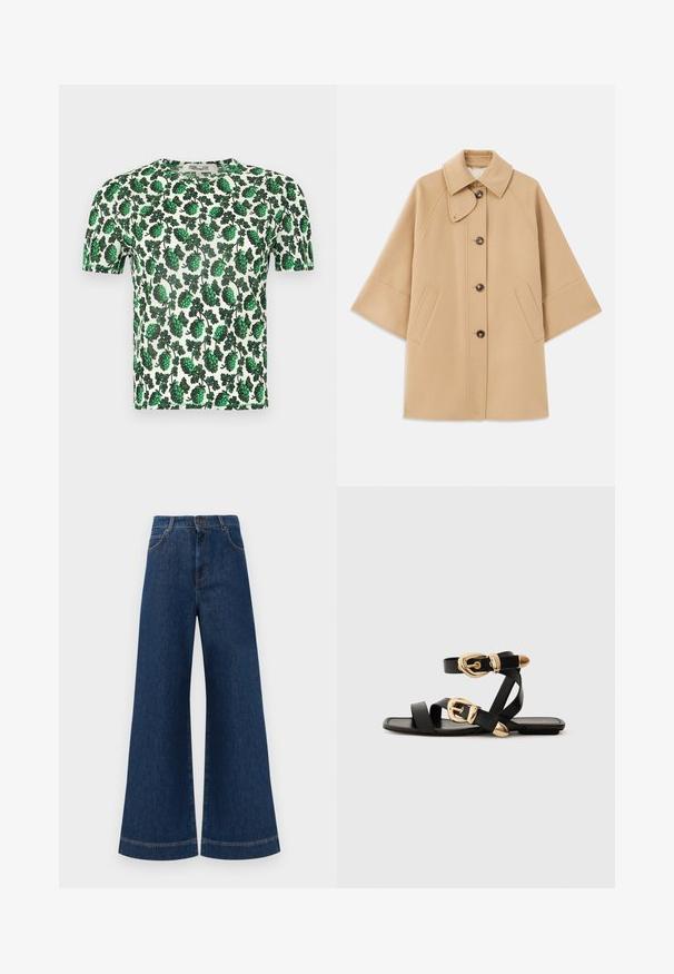 Casaco em mistura de lã bege com colarinho clássico, fecho frontal com botões e bolsos laterais; possui mangas raglan e um design limpo e estruturado.; Top curto de mangas curtas com padrão floral verde, apresentando grandes folhas num fundo branco, feito de um material leve e elástico.; Jeans azul de perna larga com cintura alta, apresentando um fecho de botão, passantes para cinto e detalhes de costura discretos ao longo dos bolsos e das bainhas.; Sandálias de couro pretas com detalhes em fivela dourada, apresentando várias tiras e um design de sola plana para uso à vista.