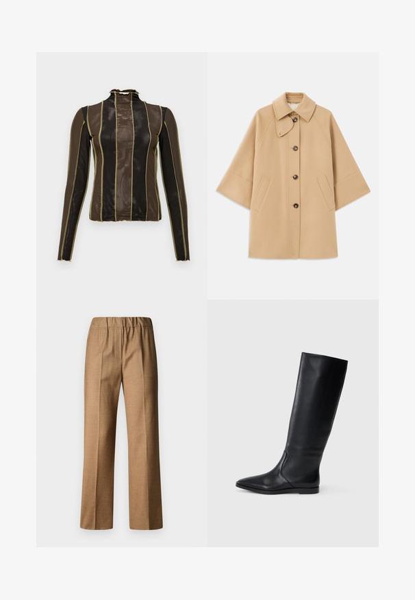 Beige wool blend coat with a classic collar, front button closure, and side pockets; features raglan sleeves and a clean, structured design.; Long-sleeve top in sheer brown and black mesh, featuring vertical stripes outlined in gold stitching and a ruffled high collar.; Brown, textured trousers with a relaxed fit, featuring a wide leg and an elastic waistband. Tailored design with front pleats.; Black leather knee-high boot with a pointed toe and minimal design. Smooth texture and flat sole, featuring discreet side stitching details.