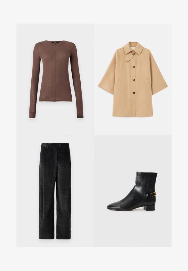 Beige wool blend coat with a classic collar, front button closure, and side pockets; features raglan sleeves and a clean, structured design.; Brown long-sleeve top made of lightweight, smooth fabric. Features a round neckline and subtle front seam detail.; Black, textured wide-leg trousers with a pronounced weave, featuring front pleats and a flat waistband. Classic design for versatility.; Black leather ankle boot with a pointed toe, block heel, and a decorative gold buckle accent on the back. Smooth texture, minimal design.