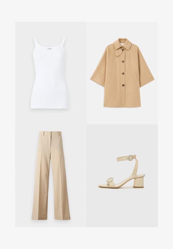 Beige kabát z vlněné směsi s klasickým límcem, zapínáním na knoflíky vpředu a bočními kapsami; má raglánové rukávy a čistý, strukturovaný design.; Bílý žebrovaný top s tenkými šlemi, který má jednoduchý design a přiléhavý střih. Materiál je hladký s jemným elastickým efektem.; Beige široké kalhoty vyrobené z hladké tkaniny, s plochým předním dílem a záhyby, s zipovým zapínáním a poutky na pásek. Celkově střižené na míru.; Béžové sandály na vysokém podpatku s minimalistickým designem, které mají dva kulaté akcenty a silný podpatek. Vyrobené z hladké kůže.