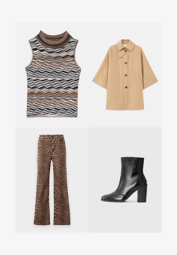 Bež kaput od vune s kombinacijom materijala, klasičnog ovratnika, prednjim zatvorenjem na dugmad i bočnim dzepovima; ima raglan rukave i čist, strukturiran dizajn.; Top bez rukava s visokim ovratnikom, sa valovitim uzorkom u zemljanim tonovima smeđe, bijele i crne boje, izrađen od mekanog, teksturiranog pletenog materijala.; Hlače širokih nogavica s leopard uzorkom u bež i crnoj boji, s glatkom teksturom i suženim rubom. Dizajn s običnim pojasom i džepovima.; Crna kožna čizma do gležnjeva s glatkom teksturom, špicastim vrhom i debelim visokim potpeticama. Ima bočni otvor i minimalistički dizajn.