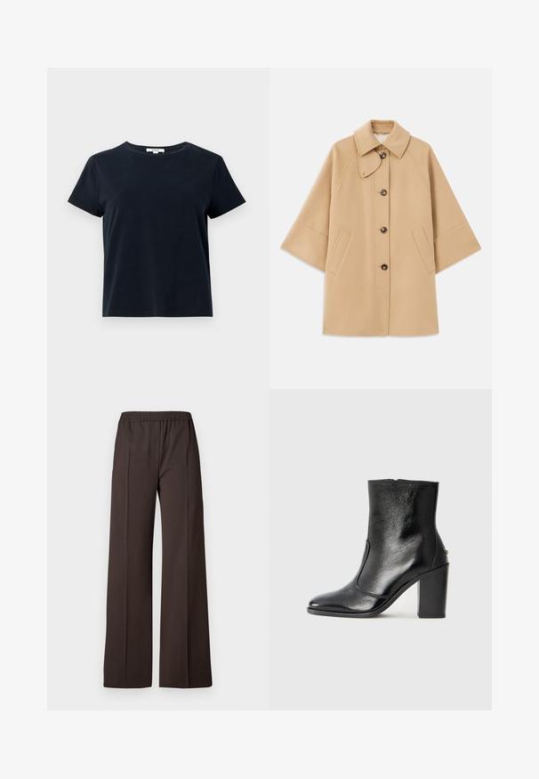 Casaco em mistura de lã bege com colarinho clássico, fecho frontal com botões e bolsos laterais; possui mangas raglan e um design limpo e estruturado.; T-shirt de manga curta azul-marinho escuro, feito de algodão suave, com decote redondo e um corte relaxado. Sem padrões ou acentos visíveis.; Calças largas em tecido castanho escuro com um cós elástico, apresentando uma textura suave e linhas limpas para um visual refinado.; Bota ankle preta em pele com uma textura suave, bico fino e um salto alto robusto. Apresenta uma abertura lateral e um design minimalista.