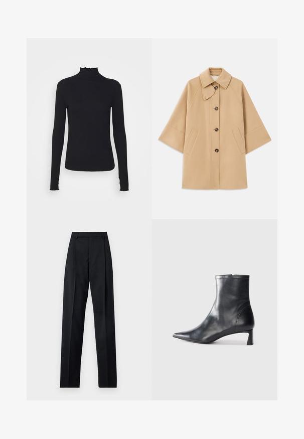 Beige Wollmischungsjacke mit klassischem Kragen, durchgehender Knopfleiste und Seitentaschen; verfügt über Raglanärmel und ein sauberes, strukturiertes Design.; Schwarz, langärmliges Turtleneck-Oberteil aus glattem Material, mit einem gerafften Kragen und einer enganliegenden Silhouette mit einfachen Kanten.; Schwarze Hosen aus glattem Stoff mit hoher Taille, weitem Bein, vorderen Falten und klassischen Gürtelschlaufen. Keine sichtbaren Seitentaschen.; Schwarze Lederstiefelette mit spitzer Zehe und schlankem Design. Verfügt über einen niedrigen Absatz und einen Reißverschluss hinten. Glatte Textur.