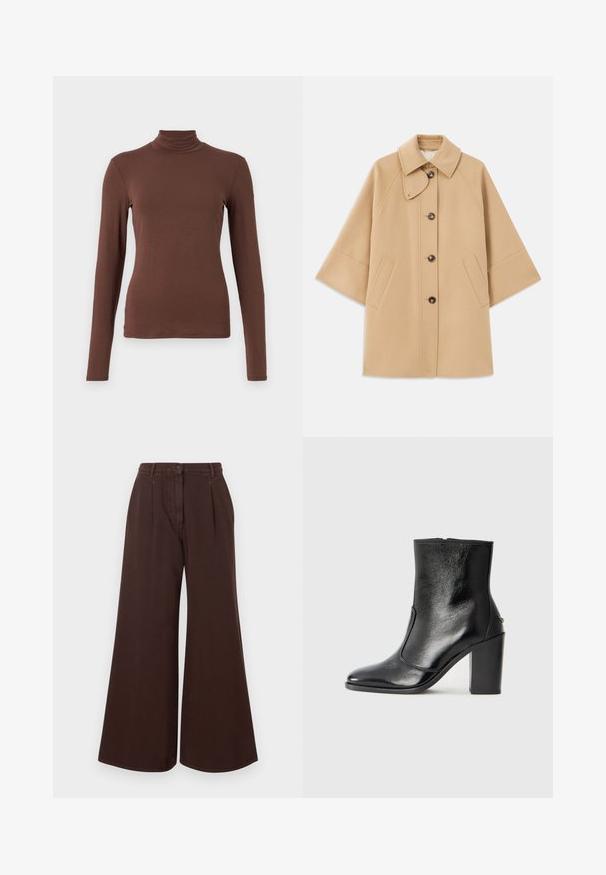 Beige wool blend coat with a classic collar, front button closure, and side pockets; features raglan sleeves and a clean, structured design.; WEEKEND MaxMara MULTIF - Long sleeved top - marrone; High-waist wide-leg brown pants with button and zipper closure, belt loops, and front pleats.; Black leather ankle boot with a smooth texture, pointed toe, and a chunky high heel. Features a side opening and minimalistic design.