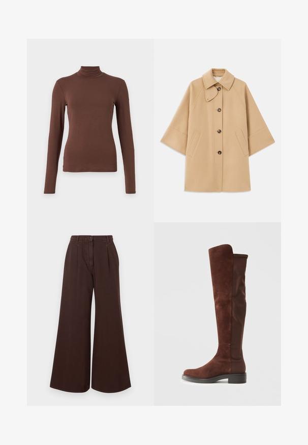 Beige wool blend coat with a classic collar, front button closure, and side pockets; features raglan sleeves and a clean, structured design.; WEEKEND MaxMara MULTIF - Long sleeved top - marrone; High-waist wide-leg brown pants with button and zipper closure, belt loops, and front pleats.; Tall brown suede and fabric boot with low black heel and rounded toe, shown in side view on plain white background.