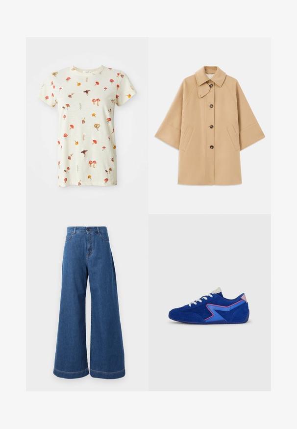 Beige wool blend coat with a classic collar, front button closure, and side pockets; features raglan sleeves and a clean, structured design.; Light beige T-shirt made of cotton, featuring a scattered mushroom print in various colors. Round neck and short sleeves.; Wide-leg jeans in medium blue denim, featuring a high waistband, front pockets, and contrast stitching along the seams and hems.; Suede sneakers featuring a vibrant blue color with pink and blue accents. Rounded toe, lace-up closure, and textured rubber sole.