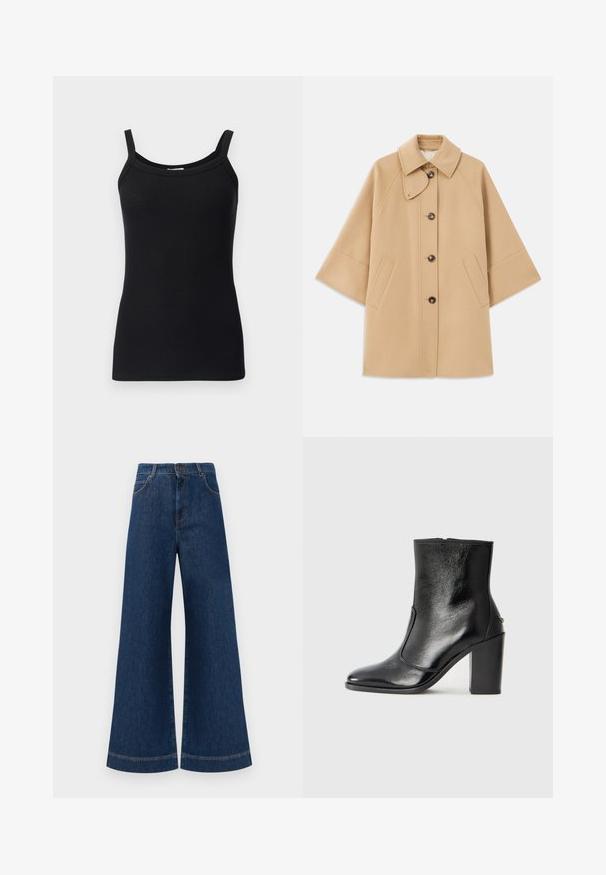 Casaco em mistura de lã bege com colarinho clássico, fecho frontal com botões e bolsos laterais; possui mangas raglan e um design limpo e estruturado.; Top de alças finas em malha canelada preta, com decote redondo e um design ajustado. Tecido suave e elástico.; Jeans azul de perna larga com cintura alta, apresentando um fecho de botão, passantes para cinto e detalhes de costura discretos ao longo dos bolsos e das bainhas.; Bota ankle preta em pele com uma textura suave, bico fino e um salto alto robusto. Apresenta uma abertura lateral e um design minimalista.