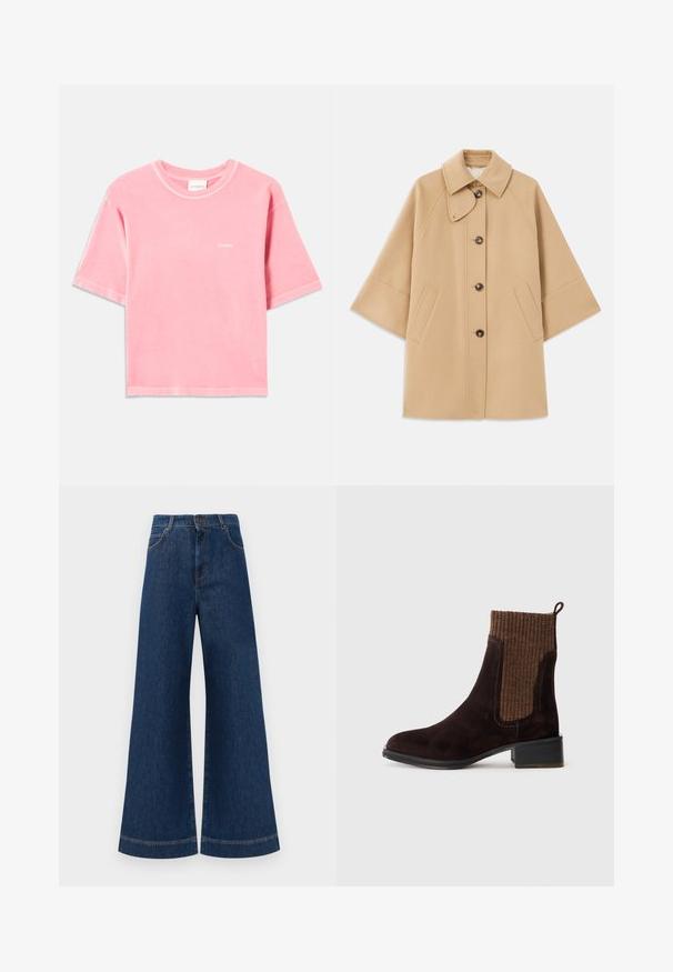 Bežs vilnas maisījuma mētelis ar klasisku apkakli, priekšējo pogu aizdares un sānu kabatām; satur raglanu piedurknes un tīru, strukturētu dizainu.; Mīksts, rozā, īsās piedurknes kokvilnas T-krekls ar apaļu kakla izgriezumu un mazu baltu "CLOSED" logo uz kreisā krūts.; Plati ziladenim bikses ar augstu jostasvietu, kas aprīkotas ar pogas aizdari, jostu cilpām un nelieliem šuvju detalizējumiem ap kabatām un malām.; Kastaniju krāsas zamša potīšu zābaki ar teksturētu brūnu ribotu adījumu, gludu virsmu, zemu blokveida papēdi un cilpu papēdī, lai vieglāk uzvilktu.