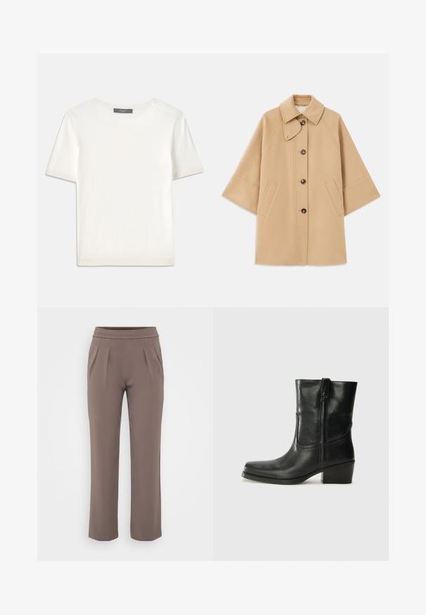 Beige kabát z vlněné směsi s klasickým límcem, zapínáním na knoflíky vpředu a bočními kapsami; má raglánové rukávy a čistý, strukturovaný design.; Bílý pletený top s krátkým rukávem a kulatým výstřihem, s hladkou strukturou a jemnými ribovými akcenty na rukávech a lemu.; Taupe volné kalhoty s elastickým pasem a předními záhyby, vyrobené z hladkého materiálu.; Černá kožená kotníková bota s kulatou špičkou, blokovým podpatkem, bočním zipem a prošíváním na svršku. Hladký povrch, klasický design.