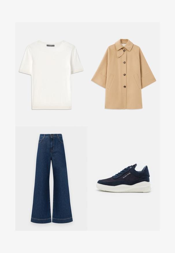 Bežs vilnas maisījuma mētelis ar klasisku apkakli, priekšējo pogu aizdares un sānu kabatām; satur raglanu piedurknes un tīru, strukturētu dizainu.; Balta īsām piedurknēm adīta blūze ar apaļu kakla izgriezumu, kurai ir gluda tekstūra un smalki riboti akcenti pie piedurknēm un apakšmalas.; Plati ziladenim bikses ar augstu jostasvietu, kas aprīkotas ar pogas aizdari, jostu cilpām un nelieliem šuvju detalizējumiem ap kabatām un malām.; Tumši jūras zilas zamšādas tenisa kurpes ar baltām gumijas zoleēm, noapaļota purngala un laukumu dizains. Satur logotipa detaļu sānos un teksturētas akcentus.