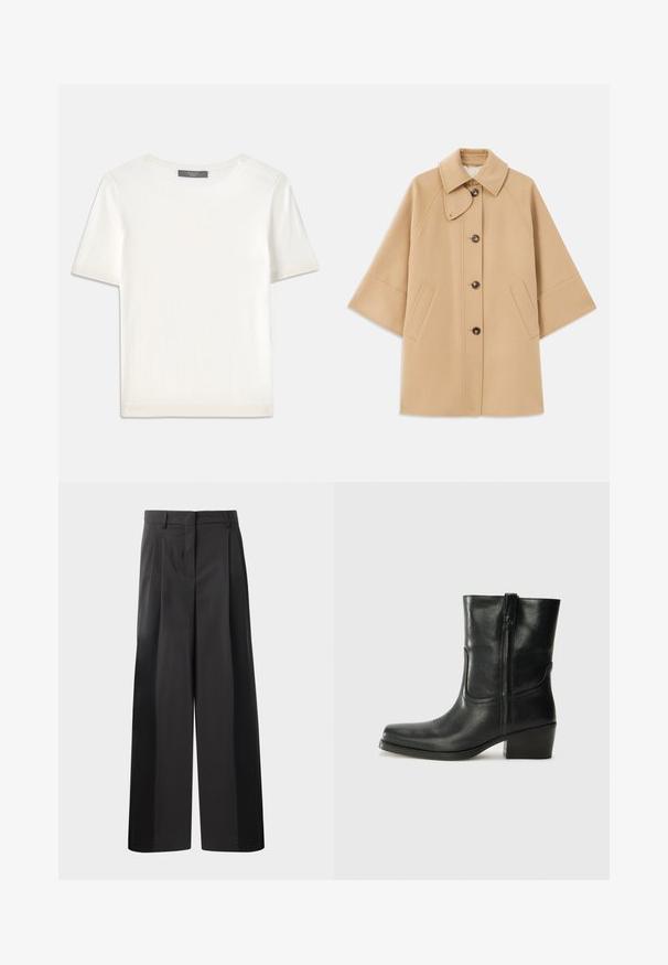 Beige Wollmischungsjacke mit klassischem Kragen, durchgehender Knopfleiste und Seitentaschen; verfügt über Raglanärmel und ein sauberes, strukturiertes Design.; Weißes kurzärmliges Strickoberteil mit rundem Halsausschnitt, das eine glatte Textur und subtile Rippakzente an den Ärmeln und dem Saum aufweist.; Schwarze, weit geschnittene Hose mit hoher Taille, versehen mit Frontfalten, einer glatten Textur und einem maßgeschneiderten Finish. Entworfen für eine lockere Passform.; Schwarze Leder-Ankle Boots mit runder Zehenform, Blockabsatz, seitlichem Reißverschluss und gestickten Akzenten auf dem Blatt. Glatte Textur, klassisches Design.