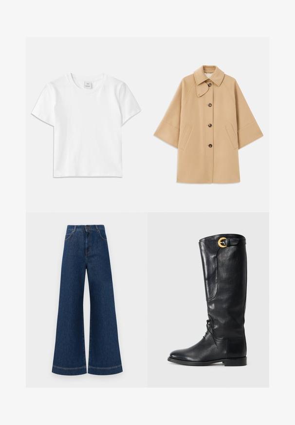 Casaco em mistura de lã bege com colarinho clássico, fecho frontal com botões e bolsos laterais; possui mangas raglan e um design limpo e estruturado.; T-shirt branca de algodão com gola redonda, mangas curtas e barra reta. Etiqueta com a marca "Won Hundred" no centro da gola.; Jeans azul de perna larga com cintura alta, apresentando um fecho de botão, passantes para cinto e detalhes de costura discretos ao longo dos bolsos e das bainhas.; Bota de couro preta até ao joelho com bico arredondado, atacadores à frente, detalhe lateral e uma fivela dourada no topo. Textura suave.