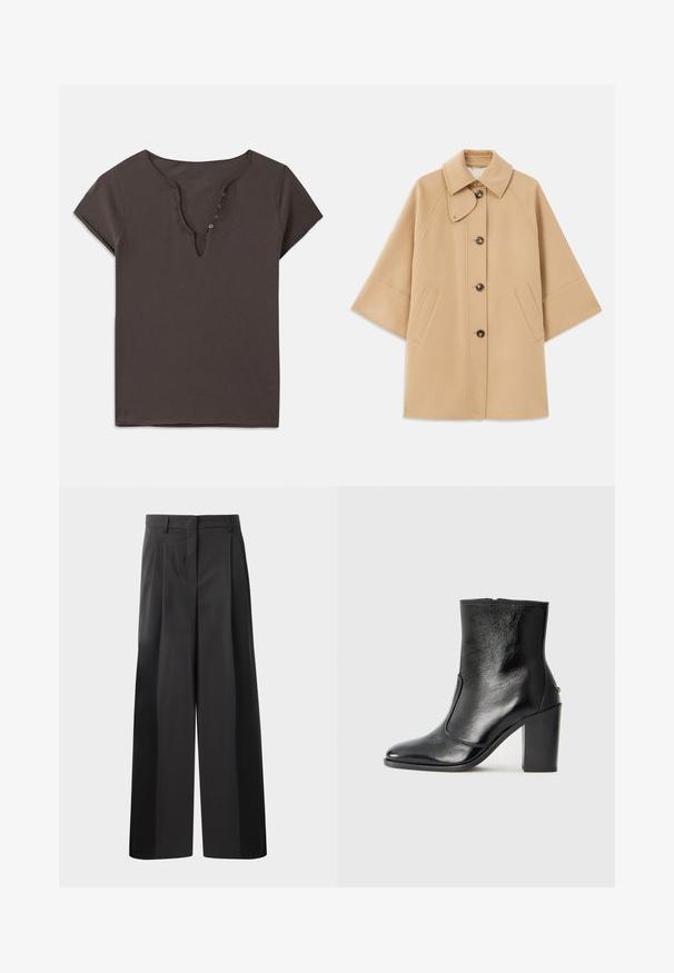 Beige wool blend coat with a classic collar, front button closure, and side pockets; features raglan sleeves and a clean, structured design.; Dark gray cotton t-shirt with a V-neckline, short sleeves, and a row of buttons down the front. Soft texture and casual design.; Black wide-leg trousers with a high waist, featuring front pleats, a smooth texture, and a tailored finish. Designed for a relaxed fit.; Black leather ankle boot with a smooth texture, pointed toe, and a chunky high heel. Features a side opening and minimalistic design.