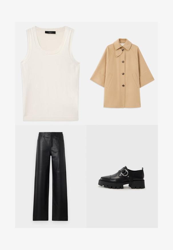 Bežna volnena jopica s klasičnim ovratnikom, sprednjim gumbom za zapiranje in stranskimi žepi; ima raglan rokave in čist, strukturiran dizajn.; Bela brezrokavna majica iz mehkega materiala. Ima okroglo obliko vratu in rebraste robove, z gladko teksturo in brez vidnih vzorcev.; Široke črne usnjene hlače gladke teksture, s sprednjimi žepi, gumbom za zapiranje in subtilnimi detajli šivanja.; Črne usnjene čevlje z debelim, rebrastim podplatom, ki imajo okroglo srebrno kovinsko dodatno opremo in minimalne šive.