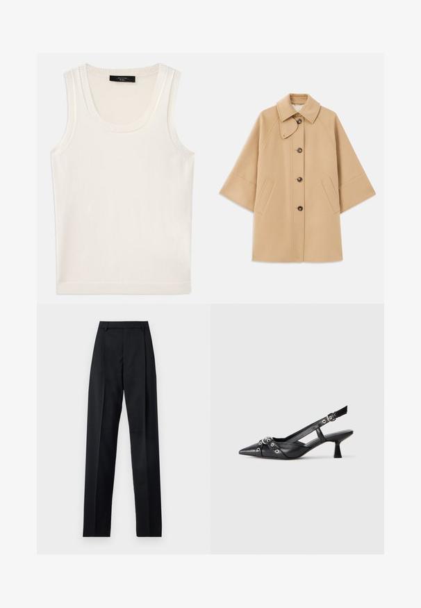 Beež villasegu jakk klassikalise kraega, ees nuppude sulgemise ja küljetaskutega; omab raglan-varrukaid ja puhtalt, struktureeritud disaini.; Valge ilma varrukateta t-särk, mis on valmistatud pehmest kangast. Sellel on ümmargune kaelus ja ribakujundusega ääred, sile tekstuur ja nähtamatud mustrid.; Mustad püksid siledast kangast, millel on kõrge vöökoht, laiad jalad, esimesed kortsud ja klassikalised vööloopid. Küljepockets pole nähtavad.; Must must have must toote tõmblukuga, dekoratiivsed rihmad metallist silmadega ja madal blokk-kand. Tekstureeritud pind.