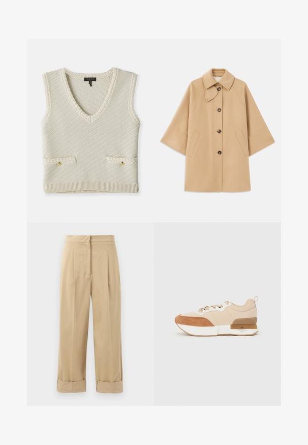 Beige wool blend coat with a classic collar, front button closure, and side pockets; features raglan sleeves and a clean, structured design.; Knit sleeveless vest in cream with a V-neck, featuring diagonal texture, two front pockets with gold buttons, and knitted trim details.; Beige, wide-leg trousers with two front pleats, rolled cuffs, and a smooth texture. Made of lightweight fabric, offering a relaxed fit.; Sneaker featuring a beige fabric upper with tan suede accents, a white midsole, and a rubber outsole with a branding detail.