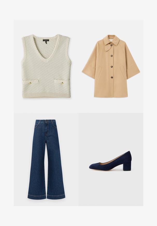 Beige wollen blend jas met een klassieke kraag, sluiting met knopen aan de voorkant en zijzakken; heeft raglanmouwen en een nette, gestructureerde uitstraling.; Gebreide mouwloze vest in crème met een V-hals, met diagonale textuur, twee voorzakken met gouden knopen en gebreide trimdetails.; Brede blauwe denimjeans met een hoge taille, voorzien van een knoopsluiting, riemlussen en subtiele stikdetails langs de zakken en zoom.; Navy blauwe suède pump met een spitse neus en een blokhak van gemiddelde hoogte. Glad oppervlak met een subtiele glans en een kleine uitsparing aan de voorkant.