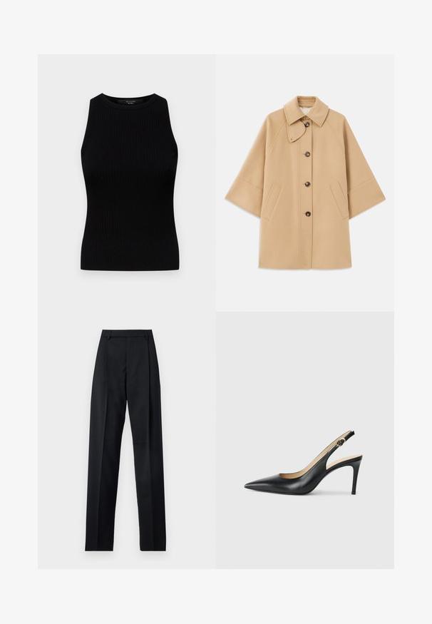 Beige uldblandingsfrakke med klassisk krave, frontknaplukning og sidelommer; har raglanærmer og et rent, struktureret design.; Weekend Max Mara OLIMPO - Top - nero; Sorte bukser lavet af glat stof, der har høj talje, brede ben, frontfolder og klassiske bælteløkker. Ingen synlige sidelommer.; Sorte læder slingback højhælede sko med spids tå, justerbar rem og en slank stiletto hæl, der har en glat finish.