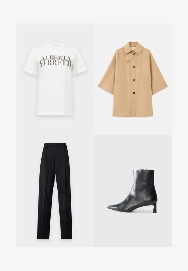 Beige uldblandingsfrakke med klassisk krave, frontknaplukning og sidelommer; har raglanærmer og et rent, struktureret design.; Hvid bomulds T-shirt med et fremtrædende grafisk tekstdesign i sort og sølv, der står "ALBERTA FERRETTI." Kortærmet og med rund hals.; Sorte bukser lavet af glat stof, der har høj talje, brede ben, frontfolder og klassiske bælteløkker. Ingen synlige sidelommer.; Sort læder ankelstøvle med spids tå og et strømlinet design. Har en lav hæl og en lynlås lukning bagpå. Glat tekstur.