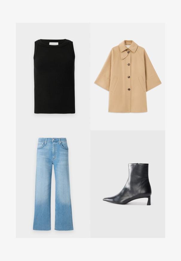 Beež villasegu jakk klassikalise kraega, ees nuppude sulgemise ja küljetaskutega; omab raglan-varrukaid ja puhtalt, struktureeritud disaini.; Must värviline ribiline tank top, mis on valmistatud pehmest materjalist, ümmarguse kaelusega ja ilma varrukateta disain. Lihtne ja mitmekülgne kuju.; Heledad halllillased teksased, millel on kulunud tekstuur, kõrge vöökoht ja traditsiooniline viie tasku disain. Metallne nööp ja lukuga sulgur.; Mustad mustall nahkasaabas terava nina ja stiilse disainiga. Omab madalat konts ja luku sulgemist taga. Sile tekstuur.