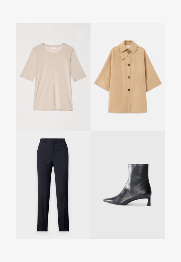 Bež kaput od vune s kombinacijom materijala, klasičnog ovratnika, prednjim zatvorenjem na dugmad i bočnim dzepovima; ima raglan rukave i čist, strukturiran dizajn.; Filippa K ELENA TEE - Osnovna majica kratkih rukava - taupe; Mornarsko plave krojene hlače ravnog kroja, sa glatkom teksturom, dvije prednje džepove i urednim pojasom.; Crne kožne gležnjače s uskim vrhom i elegantnim dizajnom. Imaju niski potpetak i zatvaranje na patentni zatvarač straga. Glatka tekstura.
