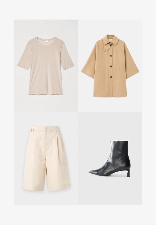 Beež villasegu jakk klassikalise kraega, ees nuppude sulgemise ja küljetaskutega; omab raglan-varrukaid ja puhtalt, struktureeritud disaini.; Filippa K ELENA TEE - Lihtne T-särk - taupe; Beezid linane lühikesed püksid, millel on mugav lõige, nupuga sulgemine, volditud disain ja kuni põlve ulatuv lõige. Sile tekstuur ja lihtne stiil.; Mustad mustall nahkasaabas terava nina ja stiilse disainiga. Omab madalat konts ja luku sulgemist taga. Sile tekstuur.