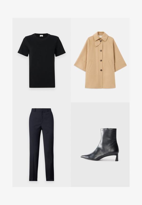 Bež kaput od vune s kombinacijom materijala, klasičnog ovratnika, prednjim zatvorenjem na dugmad i bočnim dzepovima; ima raglan rukave i čist, strukturiran dizajn.; Crna pamučna majica kratkih rukava s okruglim izrezom, s diskretnim detaljem logotipa na donjem prednjem dijelu i ravnim rubom.; Mornarsko plave krojene hlače ravnog kroja, sa glatkom teksturom, dvije prednje džepove i urednim pojasom.; Crne kožne gležnjače s uskim vrhom i elegantnim dizajnom. Imaju niski potpetak i zatvaranje na patentni zatvarač straga. Glatka tekstura.