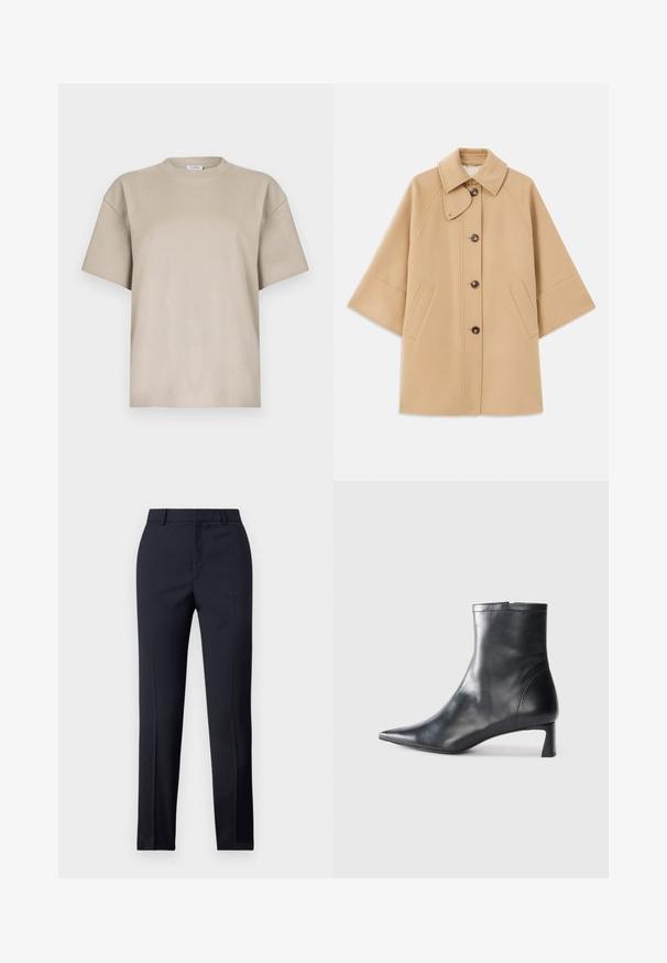 Beige wool blend coat with a classic collar, front button closure, and side pockets; features raglan sleeves and a clean, structured design.; Beige cotton t-shirt with a round neck, short sleeves, and relaxed fit. Smooth texture, minimalistic design, no patterns or accents.; Navy tailored trousers with a straight cut, featuring a smooth texture, two front pockets, and a clean waistband.; Black leather ankle boot with a pointed toe and a sleek design. Features a low heel and a zipper closure at the back. Smooth texture.