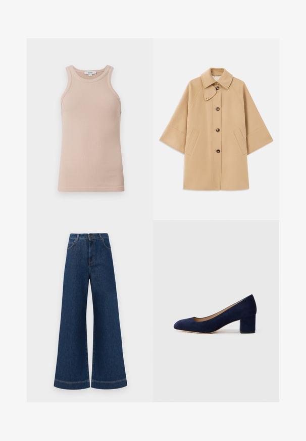 Bežna volnena jopica s klasičnim ovratnikom, sprednjim gumbom za zapiranje in stranskimi žepi; ima raglan rokave in čist, strukturiran dizajn.; Bež majica brez rokavov z rebrastim vzorcem in širokim izrezom. Mehka tekstura, prilagojena oblika in minimalističen slog. Oznaka blagovne znamke je vidna.; Svetlo modri jeans širokih nogavic z visokim pasom, ki imajo zaponko, težke zanke za pas in subtilne šive ob žepih in robovih.; Temno modri nubuk čevlji s koničastim nosom in srednje visokim blokom. Gladka tekstura z diskretnim sijajem in majhnim izrezom spredaj.