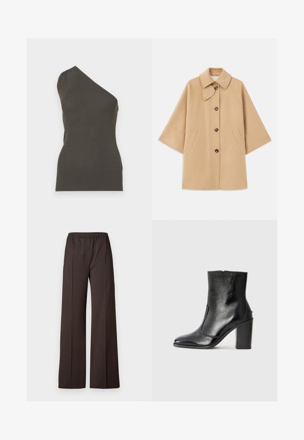 Šviesiai rudas vilnos mišinys paltas su klasikiniu apykakle, priekyje mygtukais užsegamas, ir šoninėmis kišenėmis; turi raglan tipo rankoves ir švarų, struktūrizuotą dizainą.; Asimetriška vieno peties palaidinė iš tamsiai žalių įrbtų audinių, prigludusi siluetas, be siūlių kraštai, su susiraukšlėjimu šalia peties.; Tamsiai rudos spalvos plačios kelnių kelnės iš elastinės medžiagos, turinčios lygų paviršių ir švarias linijas, suteikiančias pritaikytą išvaizdą.; Juodas odinis kulkšninis batas su lygiu paviršiumi, smailiu pirštu ir masyviu aukštu kulnu. Savybė - šoninis atidarymas ir minimalistiškas dizainas.