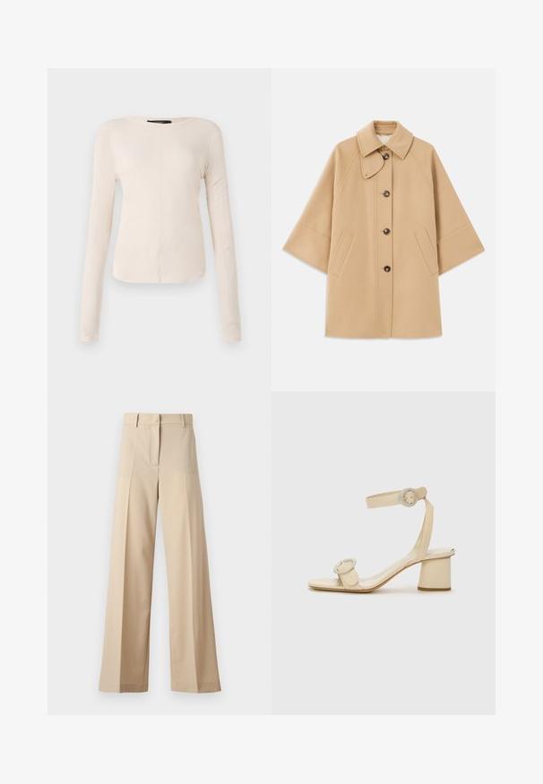 Šviesiai rudas vilnos mišinys paltas su klasikiniu apykakle, priekyje mygtukais užsegamas, ir šoninėmis kišenėmis; turi raglan tipo rankoves ir švarų, struktūrizuotą dizainą.; Ilgesnių rankovių, šviesiai bežinis viršus su apvaliu iškirpimu. Pagamintas iš minkštos medžiagos, turi centrinę siūlę ir šiek tiek kreivą apatinių kraštų liniją. Matomų detalių nėra.; Smėliniai plačių kojų kelnių pagamintos iš lygaus audinio, su plokščiu priekiu su klostėmis, užtrauktuku ir kilpomis diržui. Visapusiškai pritaikyta forma.; Šviesiai rudos spalvos aukštakulniai šlepetės minimalistiniu dizainu, su dviem apvaliais akcentais ir masyviu kulnu. Pagamintos iš lygaus odos.