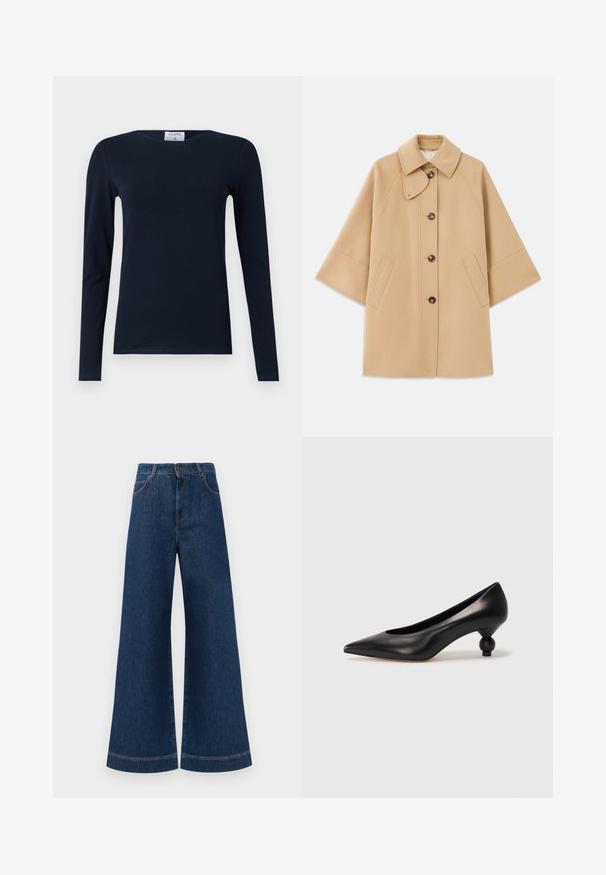 Beige kabát z vlněné směsi s klasickým límcem, zapínáním na knoflíky vpředu a bočními kapsami; má raglánové rukávy a čistý, strukturovaný design.; Námořnický modrý dlouhý rukáv T-shirt vyrobený z měkké bavlny. Má kulatý výstřih, slim fit a regulární lem bez viditelných vzorů či akcentů.; Široké modré džíny s vysokým pasem, se zapínáním na knoflík, poutky na opasek a jemnými stehy podél kapes a lemů.; Černá kožená vysoká bota na podpatku s špičatou špičkou a kulatým, zaobleným podpatkem. Hladká textura s elegantním, minimalistickým designem.