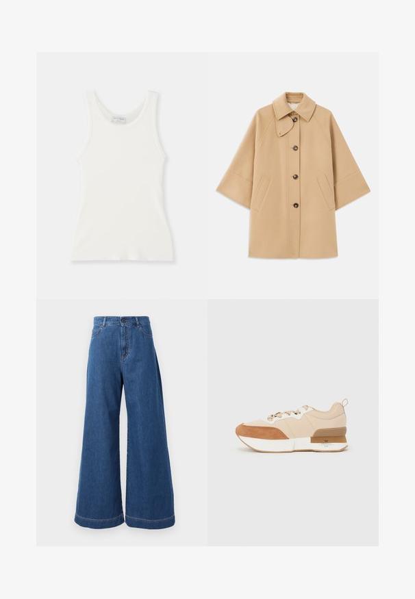 Beige ullblandad kappa med klassisk krage, framknäppning med knappar och sidofickor; har raglanärmar och en ren, strukturerad design.; Vit ribbad linne med rund halsringning och breda axelband, med en mjuk textur och en figurnära silhuett.;  Vida jeans i medelblå denim, med en hög midja, framfickor och kontrasterande sömmar längs sömmarna och fållarna.; Sneaker med en beige textilövre med bruna mockadelar, en vit mellansula och en gummisula med ett varumärkesdetalj.
