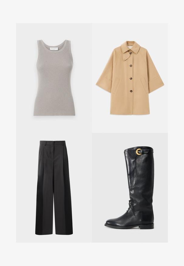 Beige gyapjú mix kabát klasszikus gallérral, elülső gombos záródással és oldalsó zsebekkel; raglán ujjaival és letisztult, strukturált dizájnjával rendelkezik.; Szürke bordás ujjatlan póló, kerek nyakkivágással és széles vállpántokkal. Puha tapintású, testhezálló fazonnal rendelkezik. Márkajelzés látható.; Fekete, bő szárú nadrág magas derékkal, elöl plissékkel, sima felülettel és igényes kidolgozással. Kényelmes viseletre tervezve.; Fekete bőrből készült, térd fölé érő csizma, lekerekített orral, fűzős elülső résszel, oldalsó díszítéssel és arany színű csattal a tetején. Simább textúra.