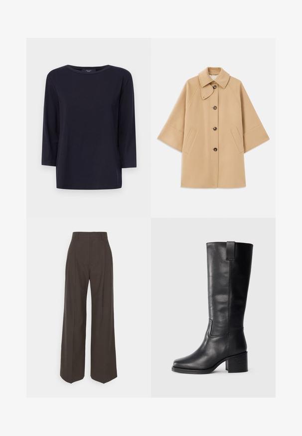 Beige wollen blend jas met een klassieke kraag, sluiting met knopen aan de voorkant en zijzakken; heeft raglanmouwen en een nette, gestructureerde uitstraling.; Weekend Max Mara MULTIA - Longsleeve - nero; Donkerbruine wijde broek met een hoge taille, voorzien van strak geplooide plooien, een zachte textuur en een op maat gemaakte pasvorm.; Zwarte leren kniehoge laarzen met een gladde textuur, vierkante neus, blokhak en zijhandvat, met minimale stikseldetails.