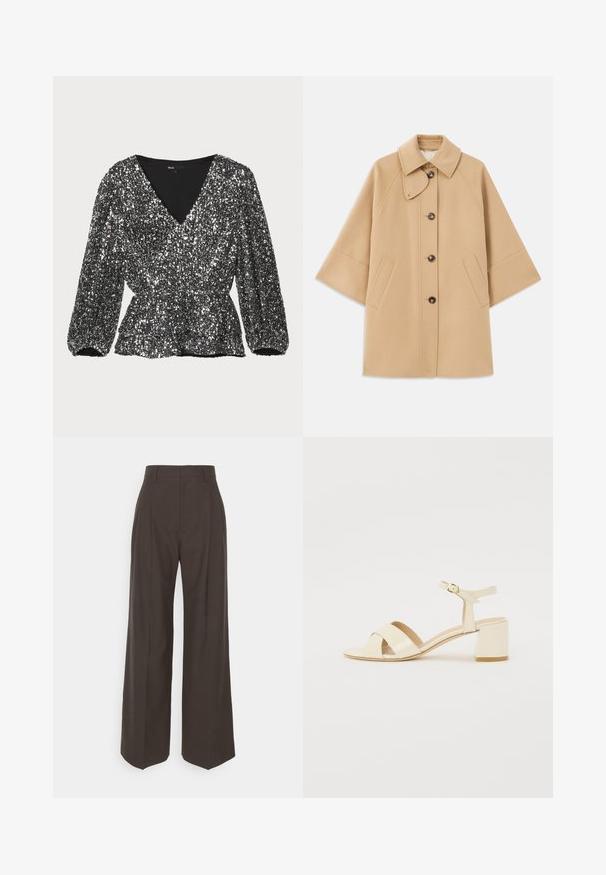 Palton din lână bej, cu un guler clasic, închidere frontală cu nasturi și buzunare laterale; are mâneci raglan și un design curat, structurat.; Bluză neagră cu paiete, cu decolteu în V, mâneci bufante și talie strânsă. Textura este strălucitoare și este decorată cu paiete.; Pantaloni largi de culoare maro închis, cu talie înaltă, prezentând pliante bine călcate, textură fină și o croială adaptată.; Sandale cu toc din piele patent bej, cu un design cu curea încrucișată, vârf deschis, curea ajustabilă la gleznă și toc pătrat. Textură netedă.