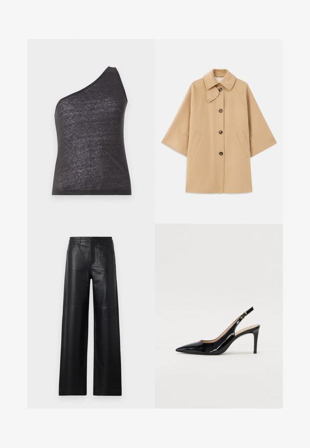 Bež kaput od vune s kombinacijom materijala, klasičnog ovratnika, prednjim zatvorenjem na dugmad i bočnim dzepovima; ima raglan rukave i čist, strukturiran dizajn.; Asimetrična crna majica bez rukava s jednim naramenicom, izrađena od mekog, blago prozirnog materijala, s prilagođenim siluetom i glatkom teksturom.; Široke crne kožne hlače s glatkom teksturom, koje imaju prednje džepove, kopčanje na dugme i suptilne detalje šivanja.; Crne lakirane slingback cipele s oštrim vrhom, uskim potpeticama i suptilnim izrezom. Sadrže zlatnu kopču na traku.