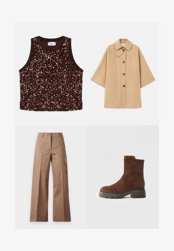 Bežový kabát z vlnenej zmesi s klasickým golierom, predným zapínaním na gombíky a bočnými vreckami; má raglánové rukávy a čistý, štruktúrovaný dizajn.; Top bez rukávov ozdobený flitrami v bohatej hnedej farbe, s hladkým hnedým lemovaním a lesklými medenými akcentmi na prednej strane.; Hnedé nohavice s širokými nohavicami vyrobené z hladkej látky, s predným zapínaním na gombík, dvoma prednými vreckami a čistými, precízne vykrojenými líniami.; Hnedé semišové členkové topánky s elastickými bočnými panelmi, zaoblenou špičkou a hrubou gumovou podrážkou so štruktúrovaným vzorom.