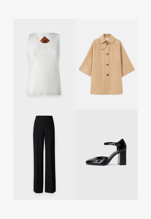 Cappotto in misto lana beige con colletto classico, chiusura frontale con bottoni e tasche laterali; presenta maniche a raglan e un design pulito e strutturato.; MCM SEQUINS TANK - Top - white; Pantaloni neri a gamba larga con una texture liscia, dotati di una vita alta e pieghe centrali. Nessun motivo visibile o dettagli in metallo.; Scarpe col tacco alto in pelle verniciata nera con punta quadrata, cinturino alla caviglia e tacco chunky. Include dettagli perforati lungo il bordo.