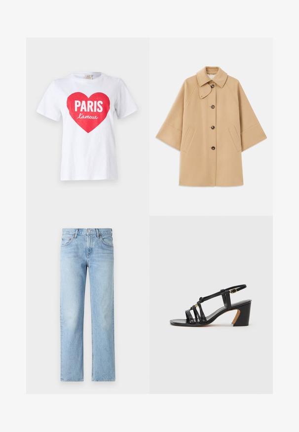 Bežs vilnas maisījuma mētelis ar klasisku apkakli, priekšējo pogu aizdares un sānu kabatām; satur raglanu piedurknes un tīru, strukturētu dizainu.; Balts kokvilnas T-krekliņš ar lielu sarkanu sirdi un vārdu "PARIS" treknajos baltajos burtiem, kā arī "l'amour" mazākā rokrakstā zemāk. Īsas piedurknes.; Gai zili džinsi ar taisnu piegriezumu, piecām kabatām, ar pogu un rāvējslēdzēju, un nedaudz nodilušu apdari.; Paul Smith AMIRA - Klasiski papēži - black