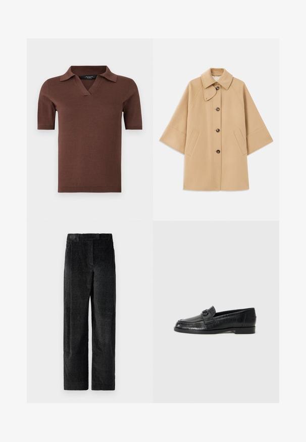 Palton din lână bej, cu un guler clasic, închidere frontală cu nasturi și buzunare laterale; are mâneci raglan și un design curat, structurat.; Tricou polo scurt cu mânecă, de culoare maro, având gât V și guler, fabricat dintr-un material tricotat moale cu o textură netedă. Design simplu și modern.; Pantaloni negri, texturați, cu picioare largi și un țesătură pronunțată, dotati cu pliuri frontale și un talie plată. Design clasic, pentru versatilitate.; Bocanci din piele neagră, cu un superior neted, model liniar embosat și un accent decorativ sub formă de cataramă pe față. Toc jos, de tip bloc.