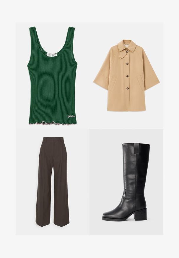 Beige gyapjú mix kabát klasszikus gallérral, elülső gombos záródással és oldalsó zsebekkel; raglán ujjaival és letisztult, strukturált dizájnjával rendelkezik.; Zöld bordázott ujjatlan felső kerek nyakkivágással, hullámvonalú rózsaszín szegéllyel és egy kis logó címkével az oldalon. Puha anyagból készült.; Sötétbarna, bő szárú nadrág magas derékkal, tisztán vasalt redőkkel, sima textúrával és testhez simuló fazonnal.; Fekete bőr, térd fölé érő csizmák sima textúrával, négyzetes orral, tömbsarkúval és oldalsó húzófüllel, minimális varrási részletekkel.