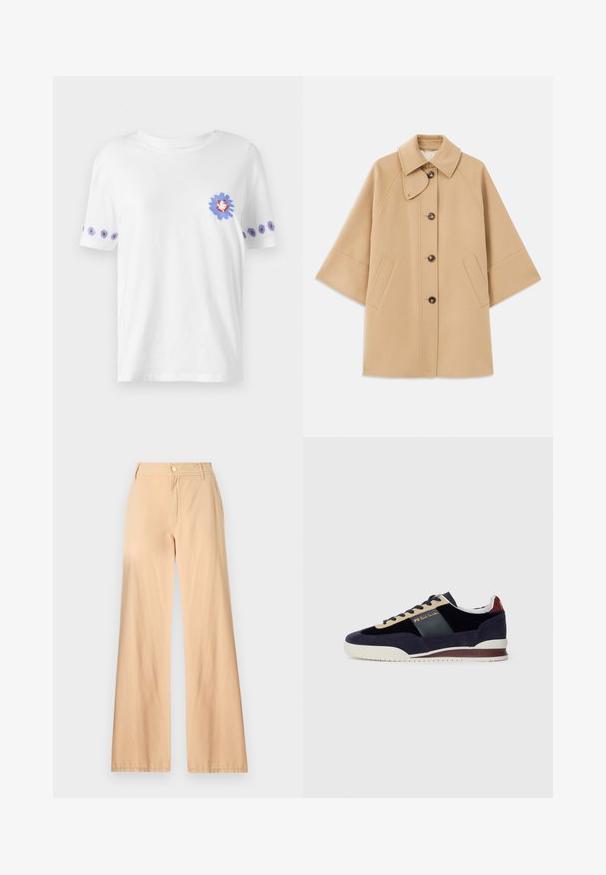 Beež villasegu jakk klassikalise kraega, ees nuppude sulgemise ja küljetaskutega; omab raglan-varrukaid ja puhtalt, struktureeritud disaini.; PS Paul Smith DAISY - Trükipildiga T-särk - white; Kreemjad laiad püksid, mis on valmistatud puuvillast, esiosal on tõmblukk, nööbi sulgemine ja kaks küljetaskut, millel on sile tekstuur.; Tumesinine nahast tossud beige ja tumesiniste detailidega. Omab valget kummist tallat ja kuldset brändi tähist küljel. Klassikaline spordidisain.