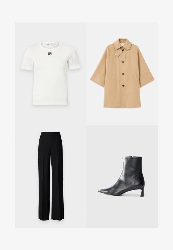 Bež kaput od vune s kombinacijom materijala, klasičnog ovratnika, prednjim zatvorenjem na dugmad i bočnim dzepovima; ima raglan rukave i čist, strukturiran dizajn.; Bijela rebrasta majica kratkih rukava s kvadratnim crnim logom na prsima; okrugli izrez, prilagođen oblik i mekana tekstura.; Crne široke hlače s glatkom teksturom, s visokim strukom i središnjim pregibima. Nema vidljivih uzoraka ili hardverskih detalja.; Crne kožne gležnjače s uskim vrhom i elegantnim dizajnom. Imaju niski potpetak i zatvaranje na patentni zatvarač straga. Glatka tekstura.