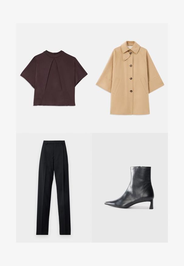 Bežs vilnas maisījuma mētelis ar klasisku apkakli, priekšējo pogu aizdares un sānu kabatām; satur raglanu piedurknes un tīru, strukturētu dizainu.; Tumši brūns īss piedurkņu tops ar augstu kakla izgriezumu, kas piedāvā priekšējo krokā un smalkas sānu šuves, izgatavots no gludas, faktūras auduma.; Melnas bikses, izgatavotas no gludas auduma, ar augstu vidukli, platiem bikšu galdniekiem, priekšējiem krokām un klasiskām jostu cilpām. Sānu kabatas nav redzamas.; Melnas ādas potītes zābaki ar norādītu pirkstu un elegantu dizainu. Iezīmē zemu papēdi un rāvējslēdzēja aizdari aizmugurē. Gluda tekstūra.