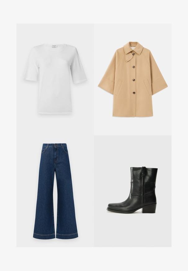 Beige wool blend coat with a classic collar, front button closure, and side pockets; features raglan sleeves and a clean, structured design.; White t-shirt with short sleeves and a round neckline. Made from soft cotton fabric. Features a clean design with no visible patterns or accents.; Wide-leg blue denim jeans with a high waist, featuring a button closure, belt loops, and subtle stitching details along the pockets and hems.; Black leather ankle boot with a rounded toe, block heel, side zipper, and stitching accents on the vamp. Smooth texture, classic design.