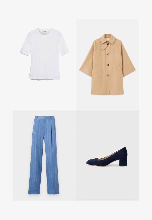 Casaco em mistura de lã bege com colarinho clássico, fecho frontal com botões e bolsos laterais; possui mangas raglan e um design limpo e estruturado.; T-shirt de manga curta branca feita de tecido canelado. Decote redondo, ajuste regular e detalhes de costura subtis. Sem padrões ou gráficos.; Calças largas de treino azul claro com riscas brancas verticais. Feitas de material liso, apresentam um plissado frontal e um design de cintura limpa.; Salgados de camurça azul-marinho com bico fino e um salto quadrado de altura média. Textura suave com um ligeiro brilho e um pequeno corte na parte da frente.