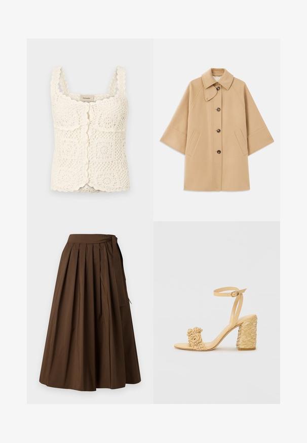 Beige kabát z vlněné směsi s klasickým límcem, zapínáním na knoflíky vpředu a bočními kapsami; má raglánové rukávy a čistý, strukturovaný design.; Krémový háčkovaný top s vlnitými okraji a čtvercovými motivy. Obsahuje nastavitelné ramínka a zapínání na knoflík. Vyrobeno z texturované, lehké tkaniny.; Hnědá plisovaná sukně vyrobená z hladkého materiálu, s vysokým pasem a bočním vázáním pro zapínání.; Beige sandálky na vysokém podpatku s pletenou texturou, vyznačující se ozdobnou květinou a náramkem kolem kotníku. Čtvercová pata zajišťuje stabilitu.