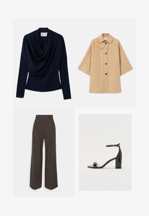 Beige wool blend coat with a classic collar, front button closure, and side pockets; features raglan sleeves and a clean, structured design.; Navy blue long-sleeve top with draped neckline, made of soft fabric. Features a fitted silhouette and minimal design. Brand label visible.; Dark brown wide-leg trousers with a high waist, featuring neatly pressed creases, smooth texture, and a tailored fit.; Black patent leather sandal with a wide heel, open toe, and ankle strap featuring a gold buckle. Smooth texture and sleek design.